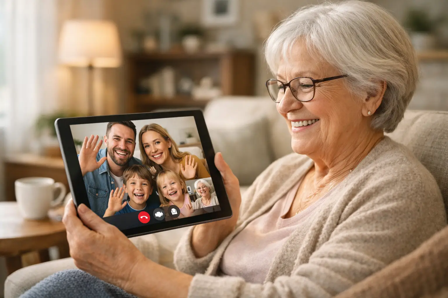Senior woman reading comfortably on a large tablet screen