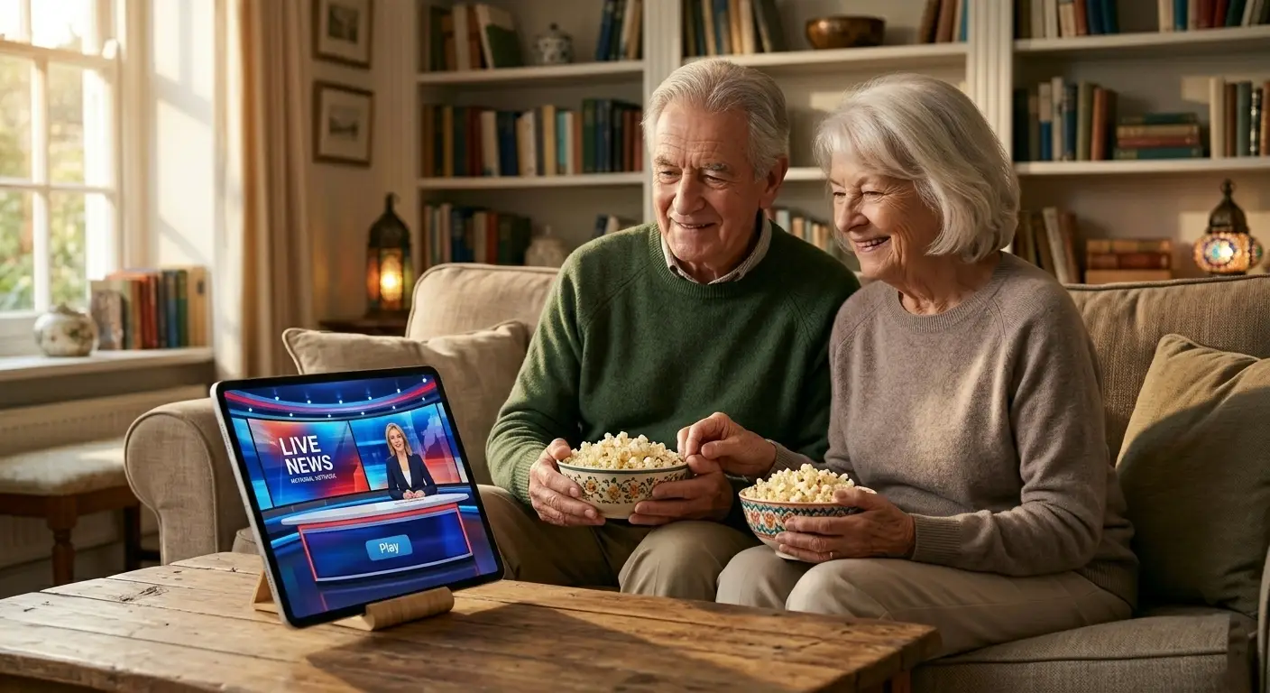 Senior couple enjoying free TV shows on a smart TV at home