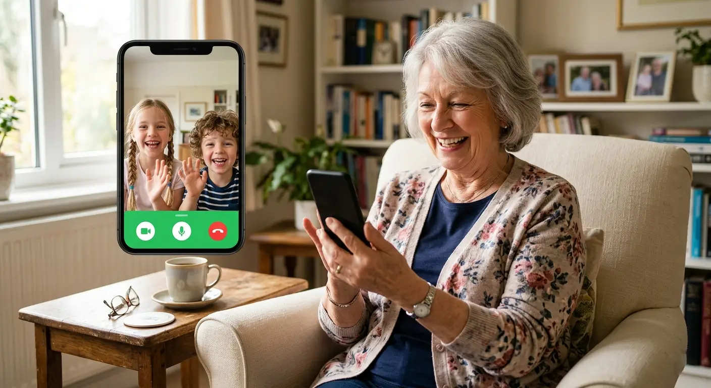 Senior woman smiling during a video call with family