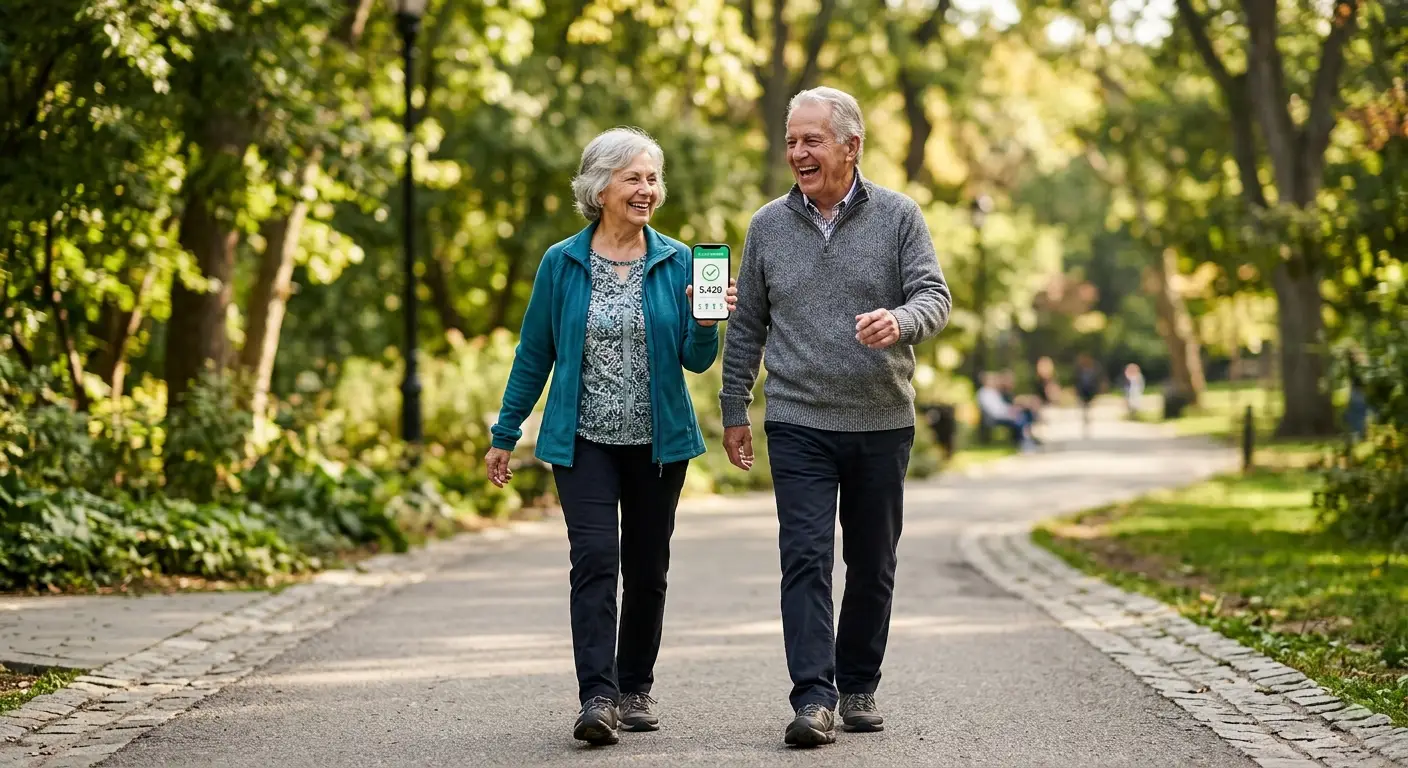 Senior woman walking outdoors and checking steps on her phone